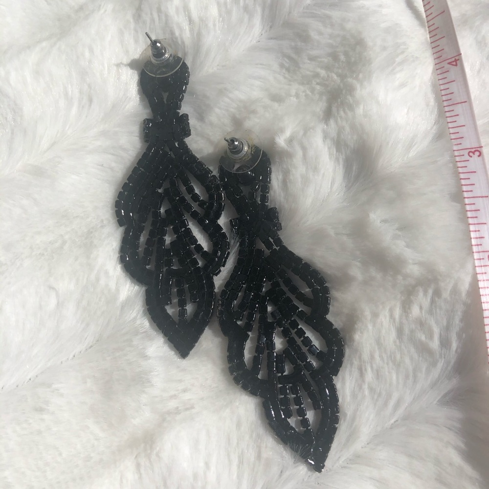 Black jeweled 3 inch drop earrings classic style - Picture 8 of 8